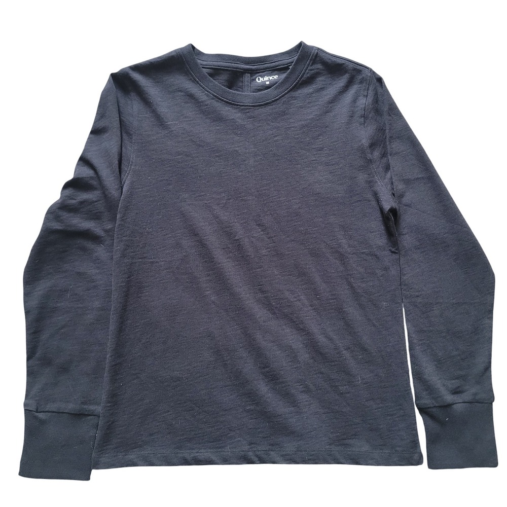 Quince Womens Medium Long Sleeve Slub Cotton Crew Neck Tee Black Ribbed Cuffs
